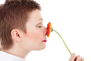 Nase riecht an der Blume