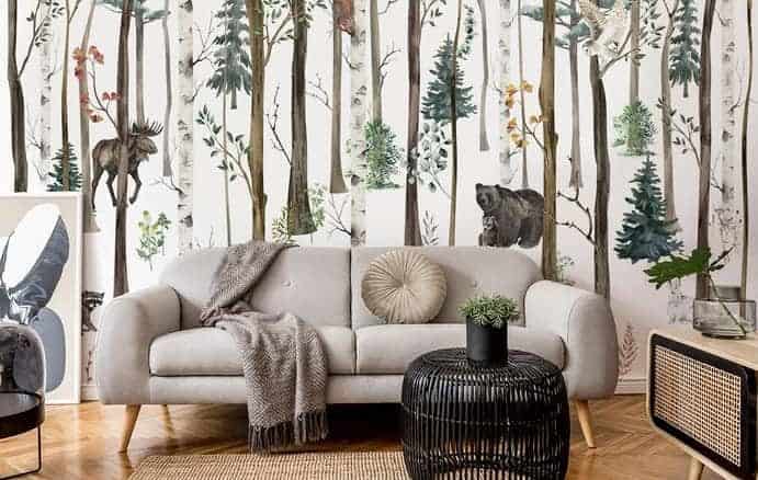 Fototapete Waldtiere im skandinavischen Wohnzimmer
