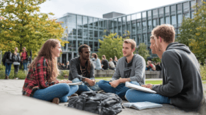 Studierende auf einem deutschen Universitätscampus