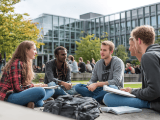 Studierende auf einem deutschen Universitätscampus