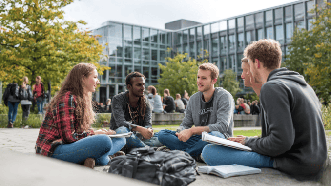 Studierende auf einem deutschen Universitätscampus